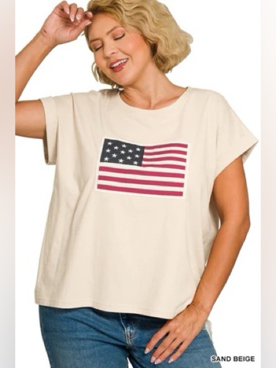 Zenana Outfitters Tops - Zenana PLUS Sand Beige Flag Tee